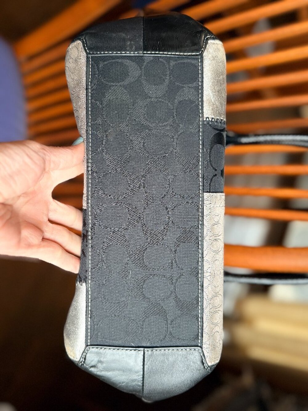 Coach Bleecker Signature Patchwork Tote Bag in black and gray leather and suede - Picture 3 of 7